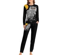 Qjjinxior Ensemble de pyjama à col rond pour femme, pyjama noir hibou pour femme, pyjama pour femme avec poches, Chouette noire, S