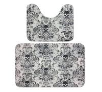 Qjjinxior Lot de 2 tapis de salle de bain - Motif tête de mort - Damas effrayants - Pour Halloween - Absorbants et doux - 1 tapis de bain et 1 tapis de toilette en forme de U