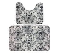 Qjjinxior Lot de 2 tapis de salle de bain - Motif tête de mort - Damas effrayants - Pour Halloween - Absorbants et doux - 1 tapis de bain et 1 tapis de toilette en forme de U