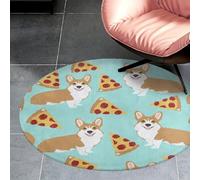Qjjinxior Petit tapis rond en flanelle, 60 x 60 cm, tapis de sol corgi et pizza, tapis antidérapant pour chambre à coucher, salon, décoration