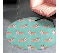 Qjjinxior Petit tapis rond en flanelle, 90 x 90 cm, mignon animal de compagnie Corgi et thé au lait, tapis antidérapant pour chambre à coucher, salon, décoration