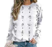 Qjjinxior Pull décontracté pour femme, chandail en molleton avec lettres de l'alphabet pour femmes, col rond et manches longues, Langue des signes de l'alphabet., M