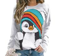 Qjjinxior Pull décontracté pour femme, recouvert de cœurs rouges pour femme, haut à manches longues et col rond, Adorable pingouin., XL