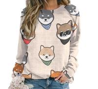 Qjjinxior Pull décontracté pour femme, recouvert de cœurs rouges pour femme, haut à manches longues et col rond, Motif chien Shiba Inu, 3XL