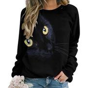 Qjjinxior Pull décontracté pour femme, recouvert de cœurs rouges pour femme, haut à manches longues et col rond, motif chat noir, L