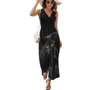 Qjjinxior Robe sans manches, robe de fleurs de cerisier, robe d'été décontractée à col en V pour laydies, Motif chat noir, S