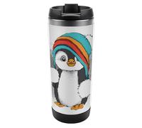 Qjjinxior Tasse à café isotherme en acier inoxydable de 380 ml, motif pingouin mignon avec couvercle étanche, fond antidérapant