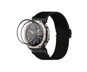 QJONSIU Bracelet Compatible avec Amazfit T-Rex Ultra 2, Respirant Bande en Nylon Robuste Sportive Strap Band, 2 Packs Film Protecteur-Noir