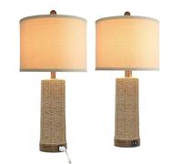 QJRGUY Table Lamp Rattan en Céramique avec Ports USB Fermeture de Rotation Compatible Bureau, Lit, Chambre (Bleu)