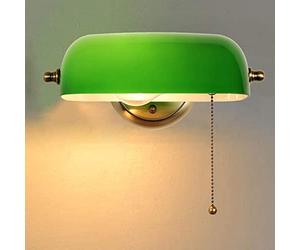 QJUZO Applique Murale Banquier Vert En Verre Avec Interrupteur À Chaîne À Tirer, Lampe De Chevet Enfant, Lampe Murale E27, Base En Métal Bronze, Pour Chambre Cuisine Applique Luminaire Orientable