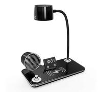 QJUZO Lampe de Bureau LED avec Chargeur Sans Fil 15W, Lampe de Table avec Haut-parleur Bluetooth et Horloge, 500 Lux, 3 Modes de Couleur (3000K-6000K), Col de Cygne Flexible, Noir