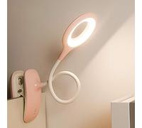 QJUZO LED Lampe de Lecture à Pince Dimmable,Lampe à Pince USB Rechargeable Portable Flexible,4000K,3 Niveaux de Luminosité,Protection les Yeux Lampe de Bureau Chevet pour Travaux Apprendre,Rose