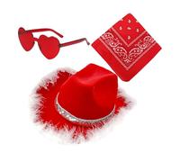 Qkbuza Ensemble de chapeaux de cowboy de Noël, ensemble de chapeaux de cowboy de Noël,Chapeaux occidentaux de fête - 3X chapeau de cow-girl, lunettes Bandana Vintage en forme de cœur, chapeau de fête