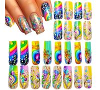 Qkbuza Ensemble de ongles en acrylique gradient de couleur, faux ongles carrés - Appuyez sur le carré sur les ongles | Outil de décoration avec des rayures colorées pour l'école, la vie quotidienne,