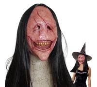 Qkbuza Masque effrayant pour, couvre-chef réaliste et effrayant avec cheveux longs et dents pour fête, jeu de rôle, cosplay, maisons hantées, film d'horreur