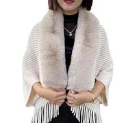 QKCQQTS Châle épais en Tricot pour Femme avec col en Fourrure, châle d'hiver en Tricot à Franges, Ponchos d'hiver pour Femme avec Manches (Beige,One Size)