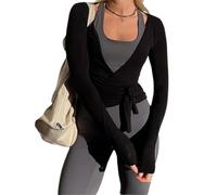 QKCQQTS Haut Court Cache-cœur à Manches Longues Style années 2000 pour Femme, col V Profond, Coupe ajustée, Style féerique, idéal pour Le Yoga et l'entraînement. (Black,Grand)