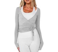 QKCQQTS Haut Court Cache-cœur à Manches Longues Style années 2000 pour Femme, col V Profond, Coupe ajustée, Style féerique, idéal pour Le Yoga et l'entraînement. (Gray,S)