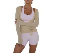 QKCQQTS Haut Court Cache-cœur à Manches Longues Style années 2000 pour Femme, col V Profond, Coupe ajustée, Style féerique, idéal pour Le Yoga et l'entraînement. (Light Brown,M)