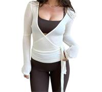 QKCQQTS Haut Court Cache-cœur à Manches Longues Style années 2000 pour Femme, col V Profond, Coupe ajustée, Style féerique, idéal pour Le Yoga et l'entraînement. (White,S)