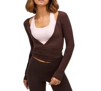 QKCQQTS Haut Court Cache-cœur à Manches Longues Style années 2000 pour Femme, col V Profond, Coupe ajustée, Style féerique, idéal pour Le Yoga et l'entraînement. (Coffee,S)