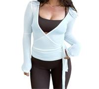 QKCQQTS Haut Court Cache-cœur à Manches Longues Style années 2000 pour Femme, col V Profond, Coupe ajustée, Style féerique, idéal pour Le Yoga et l'entraînement. (Blue,Grand)