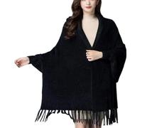 QKCQQTS Manteau Poncho décontracté à Pompons Ouvert sur Le Devant, châle en Velours Imitation Vison pour Femme avec Manches et Cape en Peluche (Black,One Size)