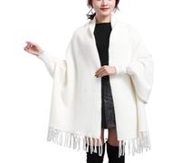 QKCQQTS Manteau Poncho décontracté à Pompons Ouvert sur Le Devant, châle en Velours Imitation Vison pour Femme avec Manches et Cape en Peluche (White,One Size)