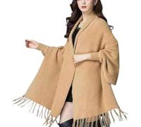 QKCQQTS Manteau Poncho décontracté à Pompons Ouvert sur Le Devant, châle en Velours Imitation Vison pour Femme avec Manches et Cape en Peluche (Khaki,One Size)