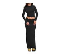 QKEPCY 2 pièces pour Femme Manches Longues Crop Top et Jupe Sexy Maxi Robe Femme Robe Longue Y2k Robe Slim Fit Casual Cocktail Soirée Habillée(M)
