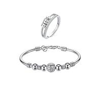 QKEPCY 2pcs Fidget Anxiety Ring Bague pour Femmes Argent et Bracelet de Perles Filantes Fidget Bague Anxiété Rotative Bague Ouverts Reglables Cristal Spinner Anneaux Anti Stress Ensemble (Type B)