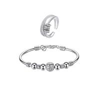 QKEPCY 2pcs Fidget Anxiety Ring Bague pour Femmes Argent et Bracelet de Perles Filantes Fidget Bague Anxiété Rotative Bague Ouverts Reglables Cristal Spinner Anneaux Anti Stress Ensemble (Type C)