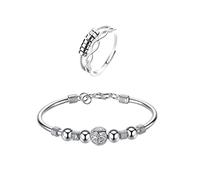 QKEPCY 2pcs Fidget Anxiety Ring Bague pour Femmes Argent et Bracelet de Perles Filantes Fidget Bague Anxiété Rotative Bague Ouverts Reglables Cristal Spinner Anneaux Anti Stress Ensemble (Type A)