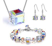 QKEPCY 3 Pcs Ensembles de Bijoux pour Femmes Coloré Starlight Cristal Rhinstone Pendentif Collier Boucle Aurores boréales D'oreille Autriche Cristal Bracelet Cadeaux pour Les Filles