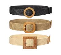 QKEPCY 3 Pièces Ceintures Élastiques en Paille pour Femmes avec Boucle en Bois Tressée pour Robe de Plage d'Été, Noir + Marron + Amande