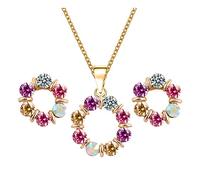 QKEPCY 3Pcs Parure de Bijoux Femme, Boucles d'oreilles et Collier en Forme de Fleur avec Zircon Cubique Coloré - Ensemble Hypoallergénique, Cadeaux pour Femme