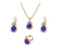 QKEPCY 4 Pièces Parure Bijoux Goutte Cristal Bleu Collier Boucles D'oreilles Bague Ensemble Plaqué Or Brillant Élégant Accessoires Femme