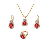 QKEPCY 4 Pièces Parure Bijoux Goutte Cristal Bleu Collier Boucles D'oreilles Bague Ensemble Plaqué Or Brillant Élégant Accessoires Femme