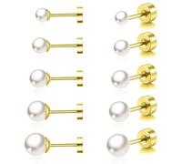 QKEPCY 5 Paires Boucles D'oreilles Perles Rondes Acier Inoxydable Clous Puces Tailles Multiples Bijoux Élégants