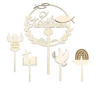 QKEPCY 5 Pièces Décoration Gâteau Communion Bois et Raffinée Topper Cake Communion Décorations Non Comestibles pour Gâteaux Idéal pour Fêtes et Célébrations (Blanc-3)