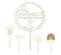 QKEPCY 5 Pièces Décoration Gâteau Communion Bois et Raffinée Topper Cake Communion Décorations Non Comestibles pour Gâteaux Idéal pour Fêtes et Célébrations (Blanc-1)