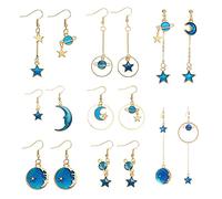 QKEPCY 8 paires Assorties de Boucles D'oreilles Boucles Femme Pendantes Bleu Boucles d'Oreilles Étoile Lune Planet Terre Boucles d'oreilles Pendante Longues Ensemble