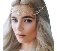 QKEPCY Bandeau Chaîne Multicouche Cristal Goutte Bijou Cheveux Accessoire Coiffure Bohème Ornement Tête Mariage Soirée Femme