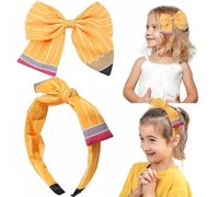 QKEPCY Bandeau Pinces à Cheveux avec Nœud Papillon Motif Crayon Jaune Accessoire Cheveux Serretête Élastique Coiffure Enfant Fille Décoration Stylée (Jaune)