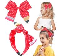 QKEPCY Bandeau Pinces à Cheveux avec Nœud Papillon Motif Crayon Jaune Accessoire Cheveux Serretête Élastique Coiffure Enfant Fille Décoration Stylée (Rouge)