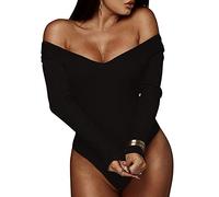QKEPCY Body à Manches Longues Femme Body Femme Sexy Col en V Bodysuit Jumpsuit Élégant Justaucorps Sexy Slim Combinaison Casual Combishort Top Playsuit (Noir, L)