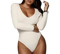 QKEPCY Body à Manches Longues Femme Body Femme Sexy Col en V Bodysuit Jumpsuit Élégant Justaucorps Sexy Slim Combinaison Casual Combishort Top Playsuit (Blanc, L)