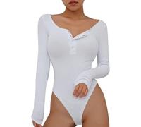 QKEPCY Body Femme Manches Longues Sexy Chic Combinaison à Col Rond Body à Manches Longues Bouton Justaucorps Combishort Jumpsuit Élégant Playsuit Bodysuit Moulant Top Haut Shirt (Blanc, M)