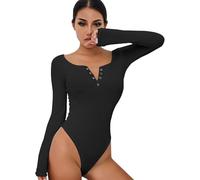 QKEPCY Body Femme Sculptant Longue Manche Col V Boutonné Lingerie Sexy Coquine Hot pour Femme(Noir, L)