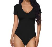 QKEPCY Body Manche Courte Femme Bodysuit Col V Élégant Moulant Confortable Bodys Extensible Top Basique Shapewear Gainant pour Tenue Quotidienne